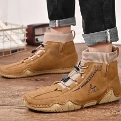 Outlet OUKU Men's Tan Faux Leather Casual Ankle Boots with Hand-Stitched Detailing, Knit Sock Upper, and Adjustable Toggle Laces – Comfortable and Rugged Design for Outdoor and Everyday Wear