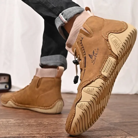 Outlet OUKU Men's Tan Faux Leather Casual Ankle Boots with Hand-Stitched Detailing, Knit Sock Upper, and Adjustable Toggle Laces – Comfortable and Rugged Design for Outdoor and Everyday Wear