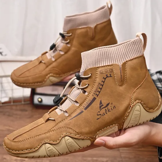 Outlet OUKU Men's Tan Faux Leather Casual Ankle Boots with Hand-Stitched Detailing, Knit Sock Upper, and Adjustable Toggle Laces – Comfortable and Rugged Design for Outdoor and Everyday Wear