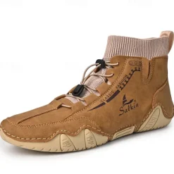 Outlet OUKU Men's Tan Faux Leather Casual Ankle Boots with Hand-Stitched Detailing, Knit Sock Upper, and Adjustable Toggle Laces – Comfortable and Rugged Design for Outdoor and Everyday Wear