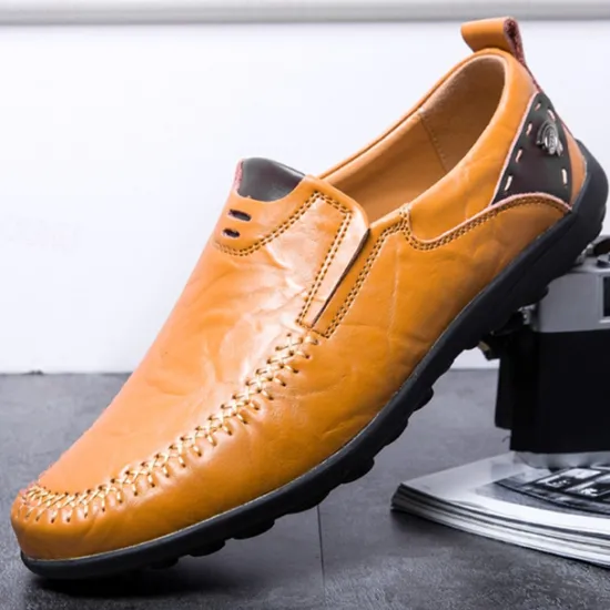 Clearance OUKU Men's Tan Faux Leather Slip-On Loafers with Hand-Stitched Detailing – Comfortable Casual Shoes for Work, Travel, and Everyday Wear