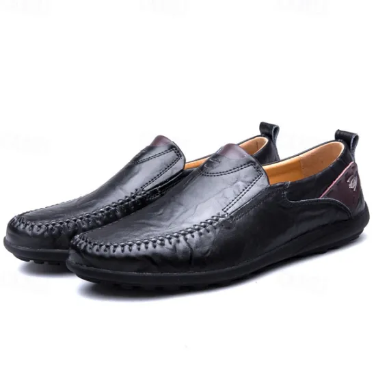 Clearance OUKU Men's Tan Faux Leather Slip-On Loafers with Hand-Stitched Detailing – Comfortable Casual Shoes for Work, Travel, and Everyday Wear
