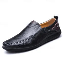 Clearance OUKU Men's Tan Faux Leather Slip-On Loafers with Hand-Stitched Detailing – Comfortable Casual Shoes for Work, Travel, and Everyday Wear