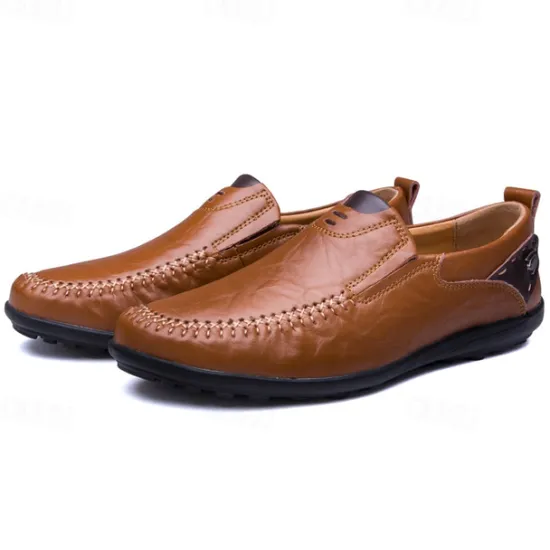 Clearance OUKU Men's Tan Faux Leather Slip-On Loafers with Hand-Stitched Detailing – Comfortable Casual Shoes for Work, Travel, and Everyday Wear
