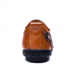 Clearance OUKU Men's Tan Faux Leather Slip-On Loafers with Hand-Stitched Detailing – Comfortable Casual Shoes for Work, Travel, and Everyday Wear