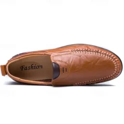 Clearance OUKU Men's Tan Faux Leather Slip-On Loafers with Hand-Stitched Detailing – Comfortable Casual Shoes for Work, Travel, and Everyday Wear