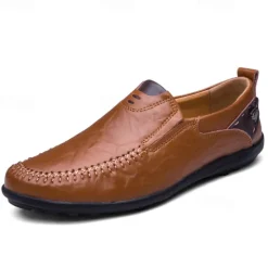 Clearance OUKU Men's Tan Faux Leather Slip-On Loafers with Hand-Stitched Detailing – Comfortable Casual Shoes for Work, Travel, and Everyday Wear