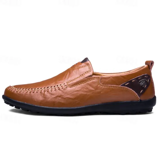 Clearance OUKU Men's Tan Faux Leather Slip-On Loafers with Hand-Stitched Detailing – Comfortable Casual Shoes for Work, Travel, and Everyday Wear