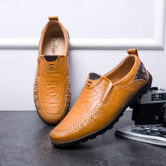 Clearance OUKU Men's Tan Faux Leather Slip-On Loafers with Hand-Stitched Detailing – Comfortable Casual Shoes for Work, Travel, and Everyday Wear