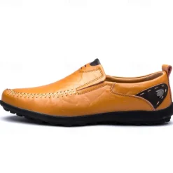 Clearance OUKU Men's Tan Faux Leather Slip-On Loafers with Hand-Stitched Detailing – Comfortable Casual Shoes for Work, Travel, and Everyday Wear