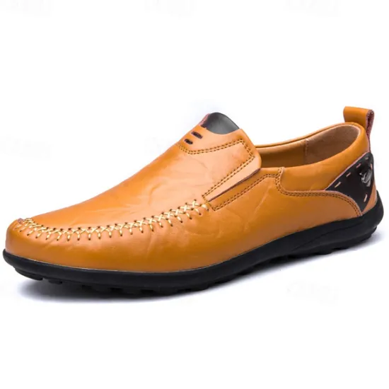 Clearance OUKU Men's Tan Faux Leather Slip-On Loafers with Hand-Stitched Detailing – Comfortable Casual Shoes for Work, Travel, and Everyday Wear