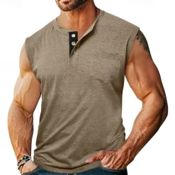 Outlet OUKU Men's Tank Top Henley Shirt Vest Top Undershirt Sleeveless Henley Summer Plain Fashion Designer Muscle Buttons Outdoor Street Going out Black White Khaki Top Tee for Men