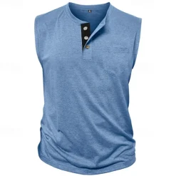 Outlet OUKU Men's Tank Top Henley Shirt Vest Top Undershirt Sleeveless Henley Summer Plain Fashion Designer Muscle Buttons Outdoor Street Going out Black White Khaki Top Tee for Men