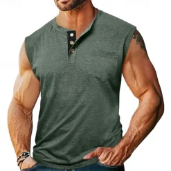 Outlet OUKU Men's Tank Top Henley Shirt Vest Top Undershirt Sleeveless Henley Summer Plain Fashion Designer Muscle Buttons Outdoor Street Going out Black White Khaki Top Tee for Men