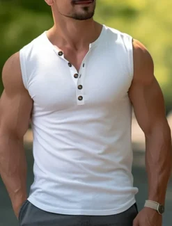 Outlet OUKU Men's Tank Top Henley Shirt Vest Top Undershirt Sleeveless Henley Summer Plain Fashion Designer Muscle Buttons Outdoor Going out Gym Black White Khaki Top Tee for Men