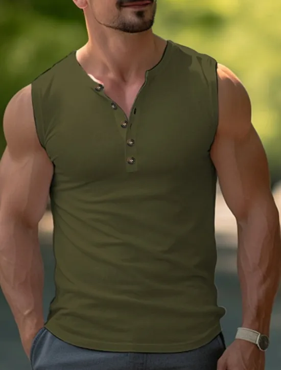 Outlet OUKU Men's Tank Top Henley Shirt Vest Top Undershirt Sleeveless Henley Summer Plain Fashion Designer Muscle Buttons Outdoor Going out Gym Black White Khaki Top Tee for Men