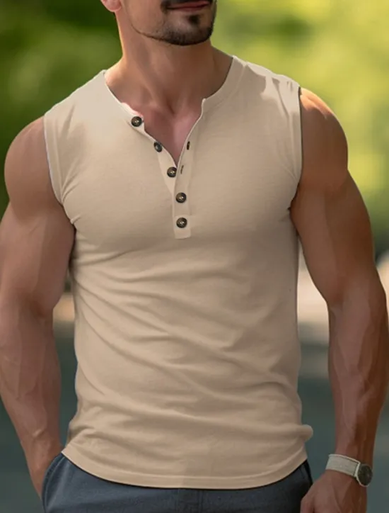 Outlet OUKU Men's Tank Top Henley Shirt Vest Top Undershirt Sleeveless Henley Summer Plain Fashion Designer Muscle Buttons Outdoor Going out Gym Black White Khaki Top Tee for Men