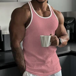 Hot OUKU Men's Tank Top Rib Knit Top Wife beater Shirt Sleeveless Crew Neck Summer Color Block Pit Strip Fashion Designer Muscle Outdoor Going out Gym Black White Pink Top Tee for Men