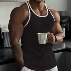 Hot OUKU Men's Tank Top Rib Knit Top Wife beater Shirt Sleeveless Crew Neck Summer Color Block Pit Strip Fashion Designer Muscle Outdoor Going out Gym Black White Pink Top Tee for Men