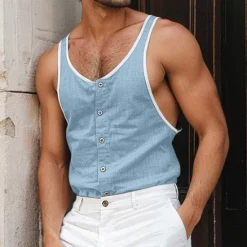 Outlet OUKU Men's Tank Top Undershirt Sleeveless Shirt Sleeveless U Neck Summer Plain Fashion Designer Muscle Patchwork Button-Down Outdoor Going out Gym Black Navy Blue Brown Top Tee for Men
