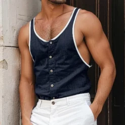 Outlet OUKU Men's Tank Top Undershirt Sleeveless Shirt Sleeveless U Neck Summer Plain Fashion Designer Muscle Patchwork Button-Down Outdoor Going out Gym Black Navy Blue Brown Top Tee for Men
