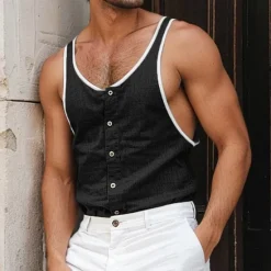 Outlet OUKU Men's Tank Top Undershirt Sleeveless Shirt Sleeveless U Neck Summer Plain Fashion Designer Muscle Patchwork Button-Down Outdoor Going out Gym Black Navy Blue Brown Top Tee for Men
