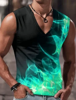 Sale OUKU Men's Tank Top Vest Top Sleeveless T Shirt for Men Graphic Color Block Flame V Neck Clothing Apparel 3D Print Sports Running Sleeveless 3D Print Designer Casual Muscle