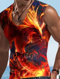 Online OUKU Men's Tank Top Vest Top Sleeveless T Shirt for Men Graphic Animal Phoenix V Neck Clothing Apparel 3D Print Sports Running Sleeveless 3D Print Designer Casual Muscle