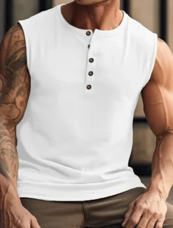 OUKU Men's Tank Top Vest Top Undershirt Sleeveless Shirt Sleeveless Henley Summer Plain Fashion Muscle Outdoor Going out Gym Black White Khaki Top Tee for Men
