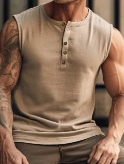 OUKU Men's Tank Top Vest Top Undershirt Sleeveless Shirt Sleeveless Henley Summer Plain Fashion Muscle Outdoor Going out Gym Black White Khaki Top Tee for Men