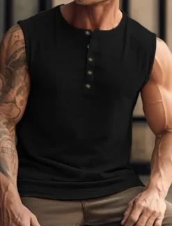 OUKU Men's Tank Top Vest Top Undershirt Sleeveless Shirt Sleeveless Henley Summer Plain Fashion Muscle Outdoor Going out Gym Black White Khaki Top Tee for Men