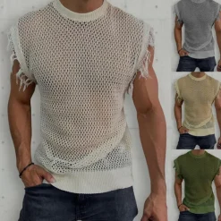 Sale OUKU Men's Tank Top Vest Top Undershirt Sleeveless Shirt Sleeveless Crew Neck Summer Plain Fashion Designer Muscle Mesh Knitted Outdoor Going out Gym White Khaki Army Green Top Tee for Men