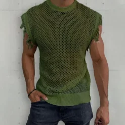 Sale OUKU Men's Tank Top Vest Top Undershirt Sleeveless Shirt Sleeveless Crew Neck Summer Plain Fashion Designer Muscle Mesh Knitted Outdoor Going out Gym White Khaki Army Green Top Tee for Men