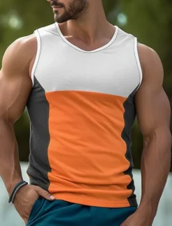 Best OUKU Men's Tank Top Vest Top Undershirt Sleeveless Shirt Sleeveless Crew Neck Summer Color Block Fashion Designer Muscle Outdoor Going out Gym Yellow Blue Orange Top Tee for Men