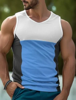 Best OUKU Men's Tank Top Vest Top Undershirt Sleeveless Shirt Sleeveless Crew Neck Summer Color Block Fashion Designer Muscle Outdoor Going out Gym Yellow Blue Orange Top Tee for Men