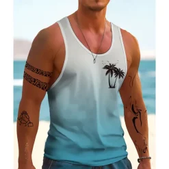 New OUKU Men's Tank Top Vest Top Undershirt Sleeveless Shirt Sleeveless Crew Neck Summer Gradient Coconut Tree Fashion Designer Basic Print Vacation Street Going out Blue Orange Dark Blue Top Tee for Men