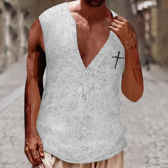 Clearance OUKU Men's Tank Top Vest Top Undershirt Sleeveless Shirt Sleeveless Henley Summer Cross Vintage Fashion Designer Buttons Vacation Street Going out Black White Brown Top Tee for Men
