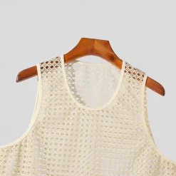 Best OUKU Men's Tank Top Vest Top Undershirt Sleeveless Shirt Sleeveless Crew Neck Summer Plain Fashion Designer Basic Mesh Vacation Street Going out Top Tee for Men Beige
