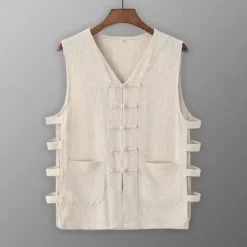 Sale OUKU Men's Tank Top Vest Top Undershirt Sleeveless Shirt Sleeveless V Neck Summer Plain Designer Basic Chinoiserie Buttons Vacation Street Going out Black White Wine Top Tee for Men
