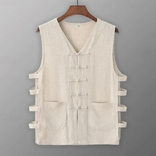Sale OUKU Men's Tank Top Vest Top Undershirt Sleeveless Shirt Sleeveless V Neck Summer Plain Designer Basic Chinoiserie Buttons Vacation Street Going out Black White Wine Top Tee for Men