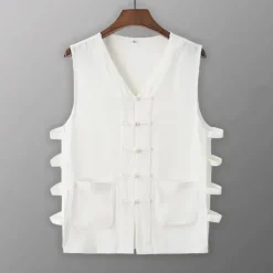 Sale OUKU Men's Tank Top Vest Top Undershirt Sleeveless Shirt Sleeveless V Neck Summer Plain Designer Basic Chinoiserie Buttons Vacation Street Going out Black White Wine Top Tee for Men