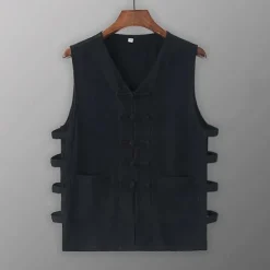 Sale OUKU Men's Tank Top Vest Top Undershirt Sleeveless Shirt Sleeveless V Neck Summer Plain Designer Basic Chinoiserie Buttons Vacation Street Going out Black White Wine Top Tee for Men