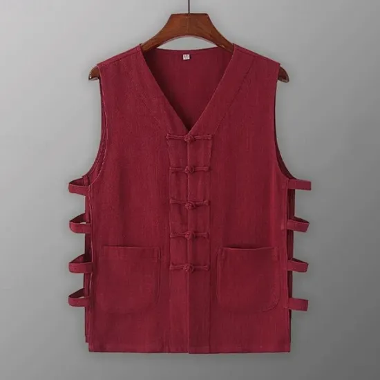 Sale OUKU Men's Tank Top Vest Top Undershirt Sleeveless Shirt Sleeveless V Neck Summer Plain Designer Basic Chinoiserie Buttons Vacation Street Going out Black White Wine Top Tee for Men