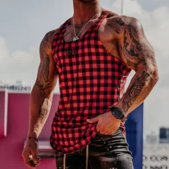 Outlet OUKU Men's Tank Top Vest Top Undershirt Sleeveless Shirt Sleeveless Crew Neck Summer Graphic Plaid Sports Fashion Comfortable Print Street Casual Daily Wine Blue Green Top Tee for Men