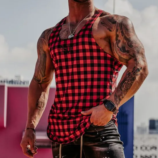 Outlet OUKU Men's Tank Top Vest Top Undershirt Sleeveless Shirt Sleeveless Crew Neck Summer Graphic Plaid Sports Fashion Comfortable Print Street Casual Daily Wine Blue Green Top Tee for Men