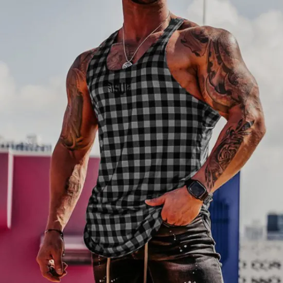 Outlet OUKU Men's Tank Top Vest Top Undershirt Sleeveless Shirt Sleeveless Crew Neck Summer Graphic Plaid Sports Fashion Comfortable Print Street Casual Daily Wine Blue Green Top Tee for Men