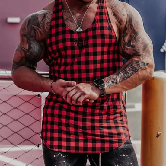Outlet OUKU Men's Tank Top Vest Top Undershirt Sleeveless Shirt Sleeveless Crew Neck Summer Graphic Plaid Sports Fashion Comfortable Print Street Casual Daily Wine Blue Green Top Tee for Men