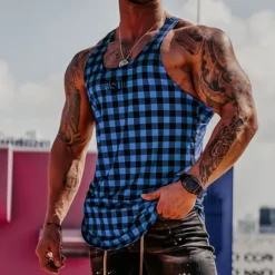 Outlet OUKU Men's Tank Top Vest Top Undershirt Sleeveless Shirt Sleeveless Crew Neck Summer Graphic Plaid Sports Fashion Comfortable Print Street Casual Daily Wine Blue Green Top Tee for Men