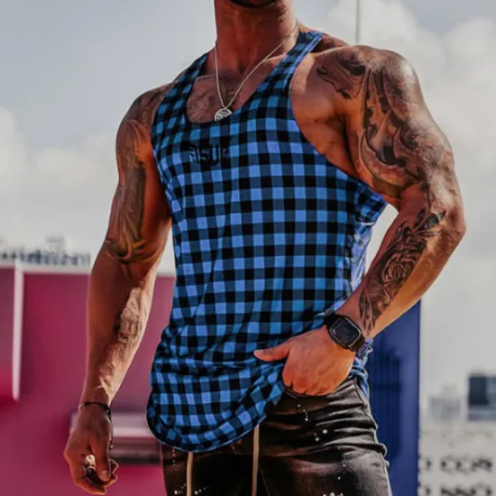 Outlet OUKU Men's Tank Top Vest Top Undershirt Sleeveless Shirt Sleeveless Crew Neck Summer Graphic Plaid Sports Fashion Comfortable Print Street Casual Daily Wine Blue Green Top Tee for Men