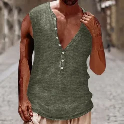 Best OUKU Men's Tank Top Vest Top Undershirt Sleeveless Shirt Sleeveless Henley Summer Plain Vintage Fashion Designer Buttons Vacation Street Going out Black White Brown Top Tee for Men